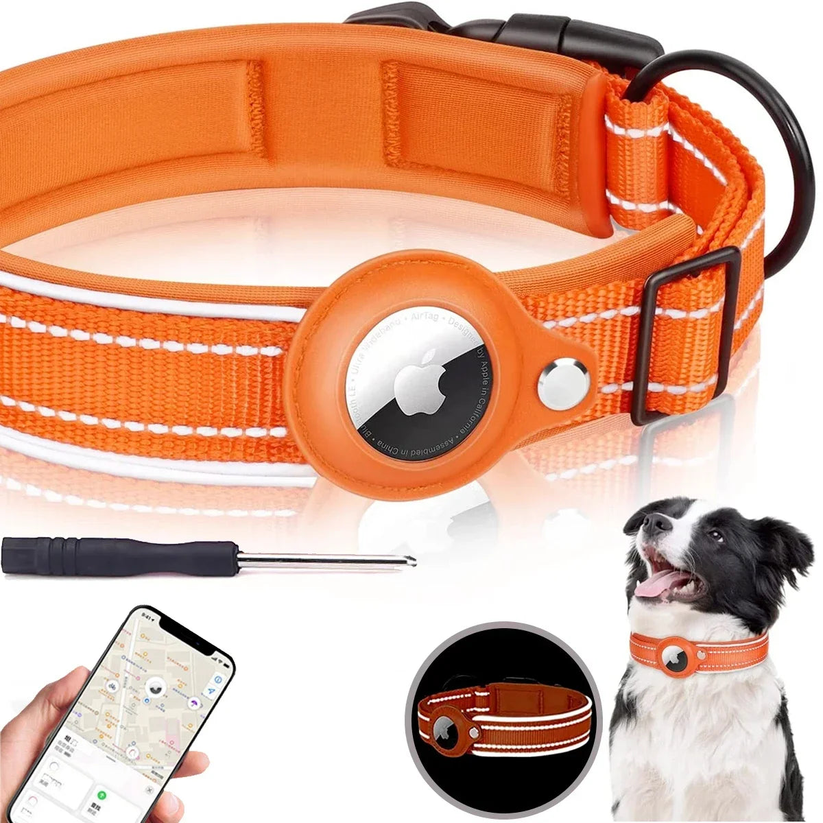 Reflective Dog Collar for Apple AirTag – Waterproof Pet Collar with Anti-Lost Tracker Holder, Secure & Adjustable Positioning Collar for Dogs & Cats