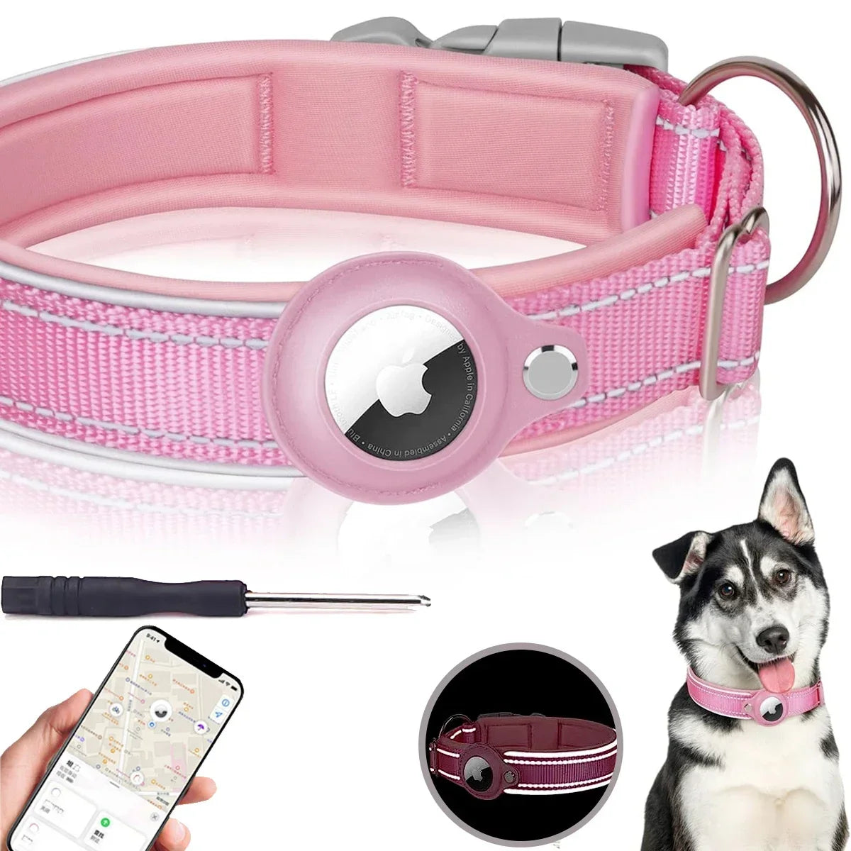 Reflective Dog Collar for Apple AirTag – Waterproof Pet Collar with Anti-Lost Tracker Holder, Secure & Adjustable Positioning Collar for Dogs & Cats