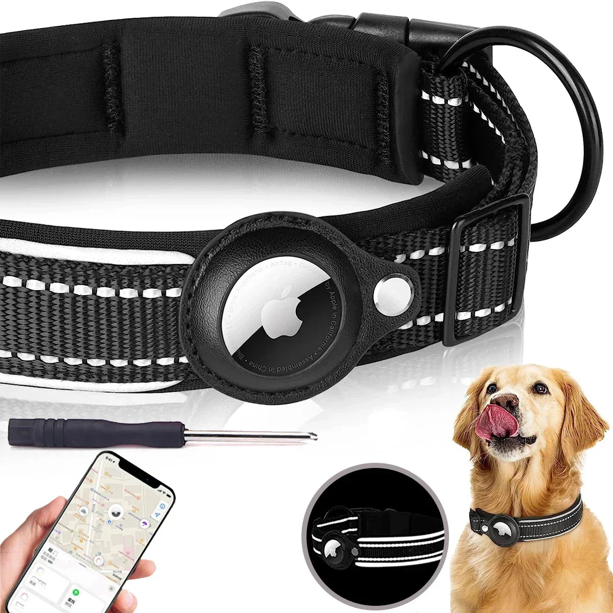 Reflective Dog Collar for Apple AirTag – Waterproof Pet Collar with Anti-Lost Tracker Holder, Secure & Adjustable Positioning Collar for Dogs & Cats